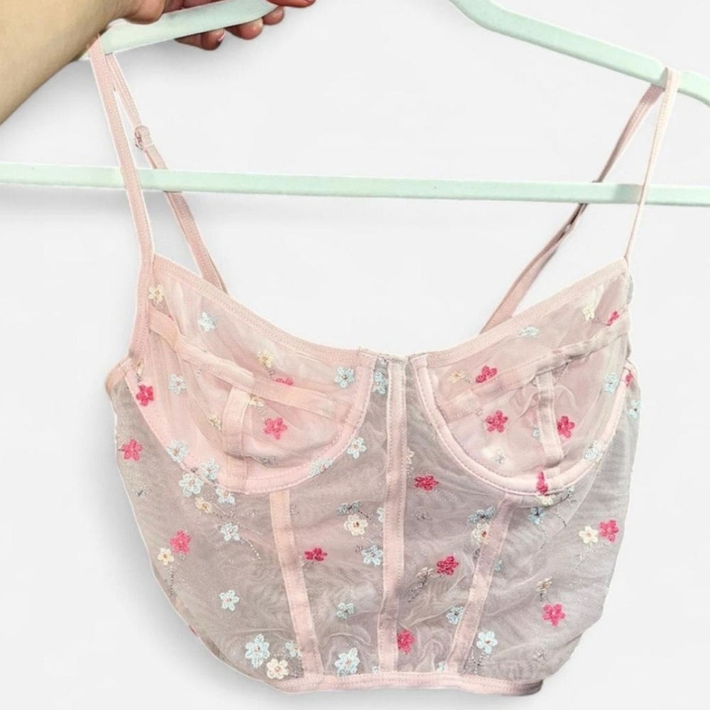 Full Tilt Blush Pink Mesh With Floral Embroidery Bustier Top With Underwires (M) - Picture 9 of 9